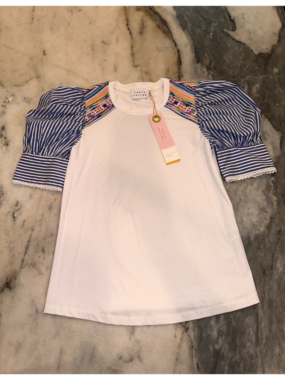 NWT Tanya Taylor Size XS Maddie Top Women’s White Embroidered Striped Sleeves - Picture 2 of 15